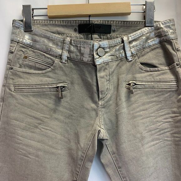 BARBARA Bui NWT Gray Silver Metallic Waist Skinny jeans stretchy slim fit Sz 28 - Picture 5 of 12